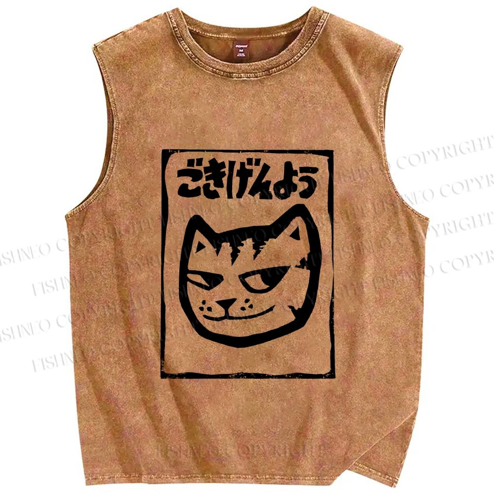 Unisex Japanese Funny Cat Printed Washed Tank Top