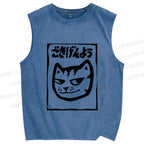 Unisex Japanese Funny Cat Printed Washed Tank Top