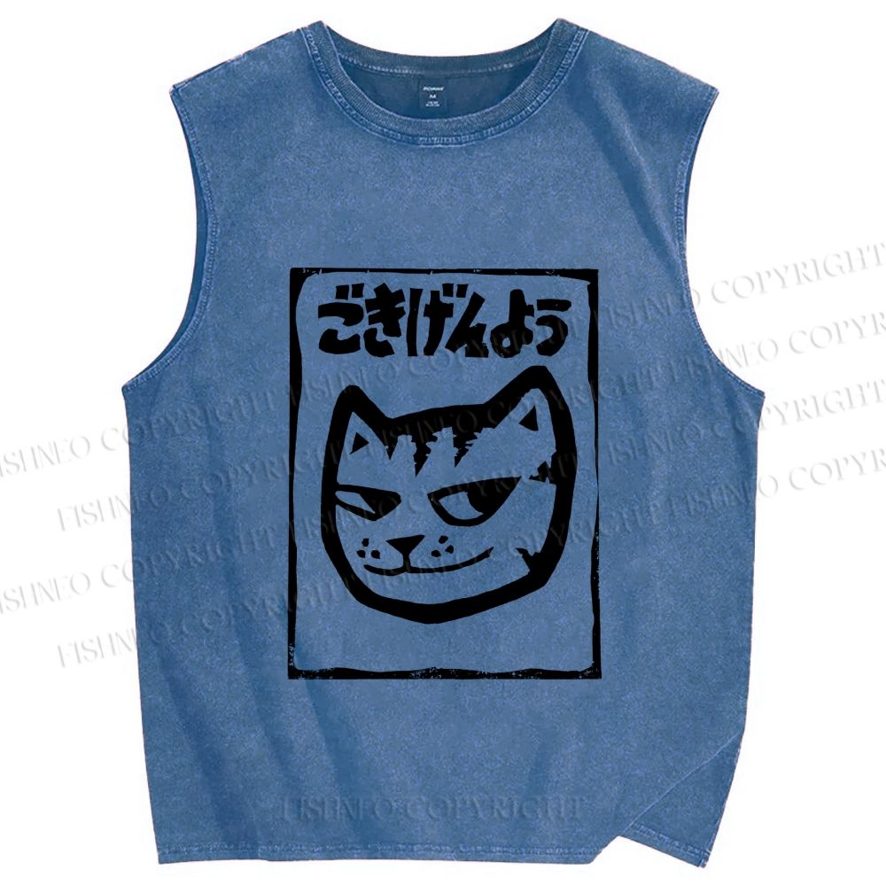 Unisex Japanese Funny Cat Printed Washed Tank Top