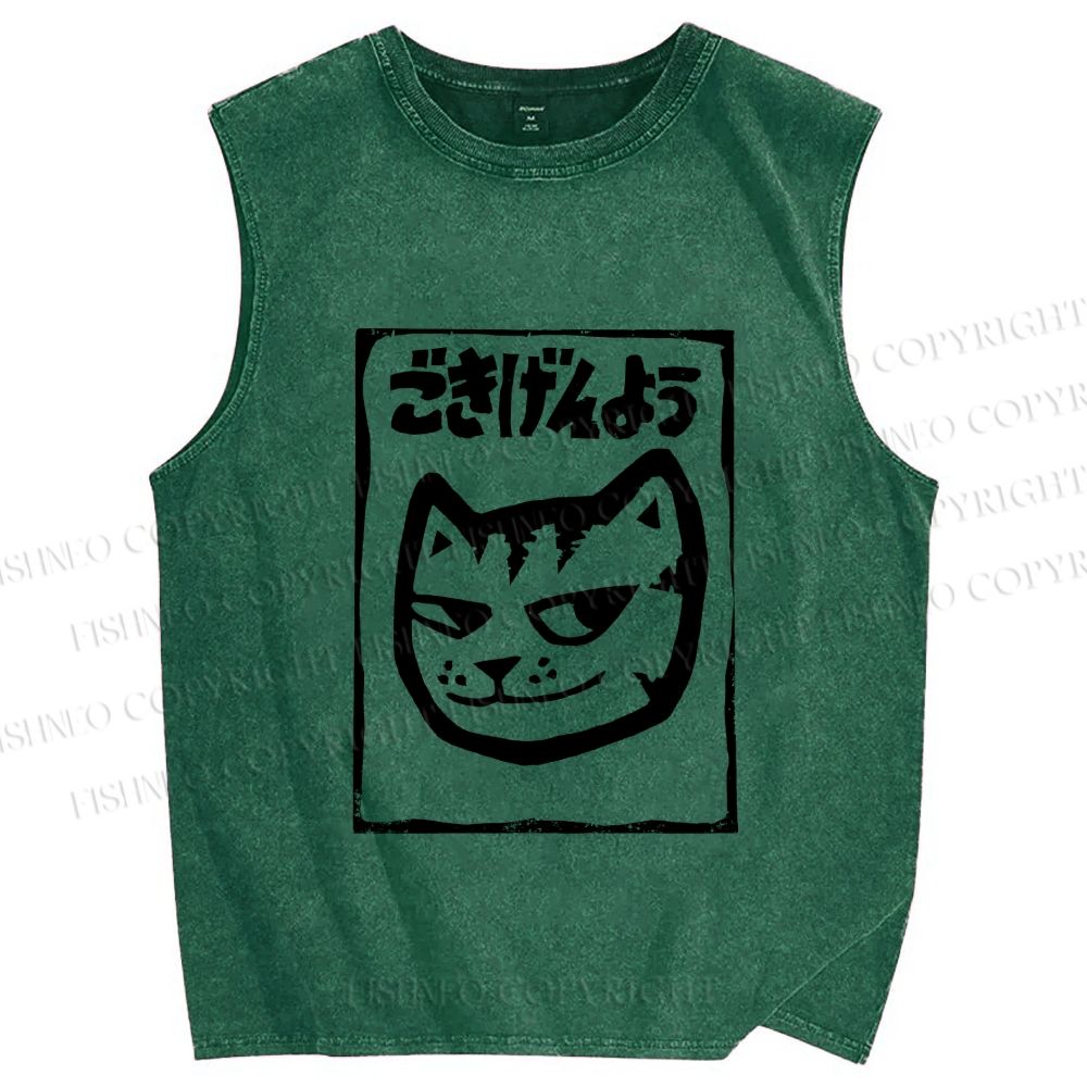 Unisex Japanese Funny Cat Printed Washed Tank Top