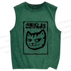 Unisex Japanese Funny Cat Printed Washed Tank Top