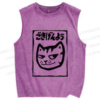 Unisex Japanese Funny Cat Printed Washed Tank Top