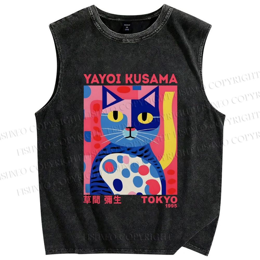 Unisex Yayoi Kusama Art Cat Printed Washed Tank Top