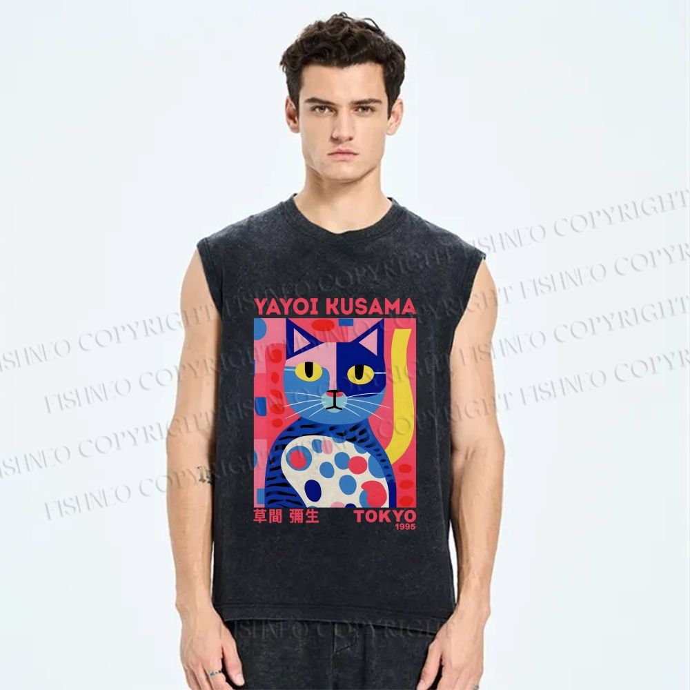 Unisex Yayoi Kusama Art Cat Printed Washed Tank Top