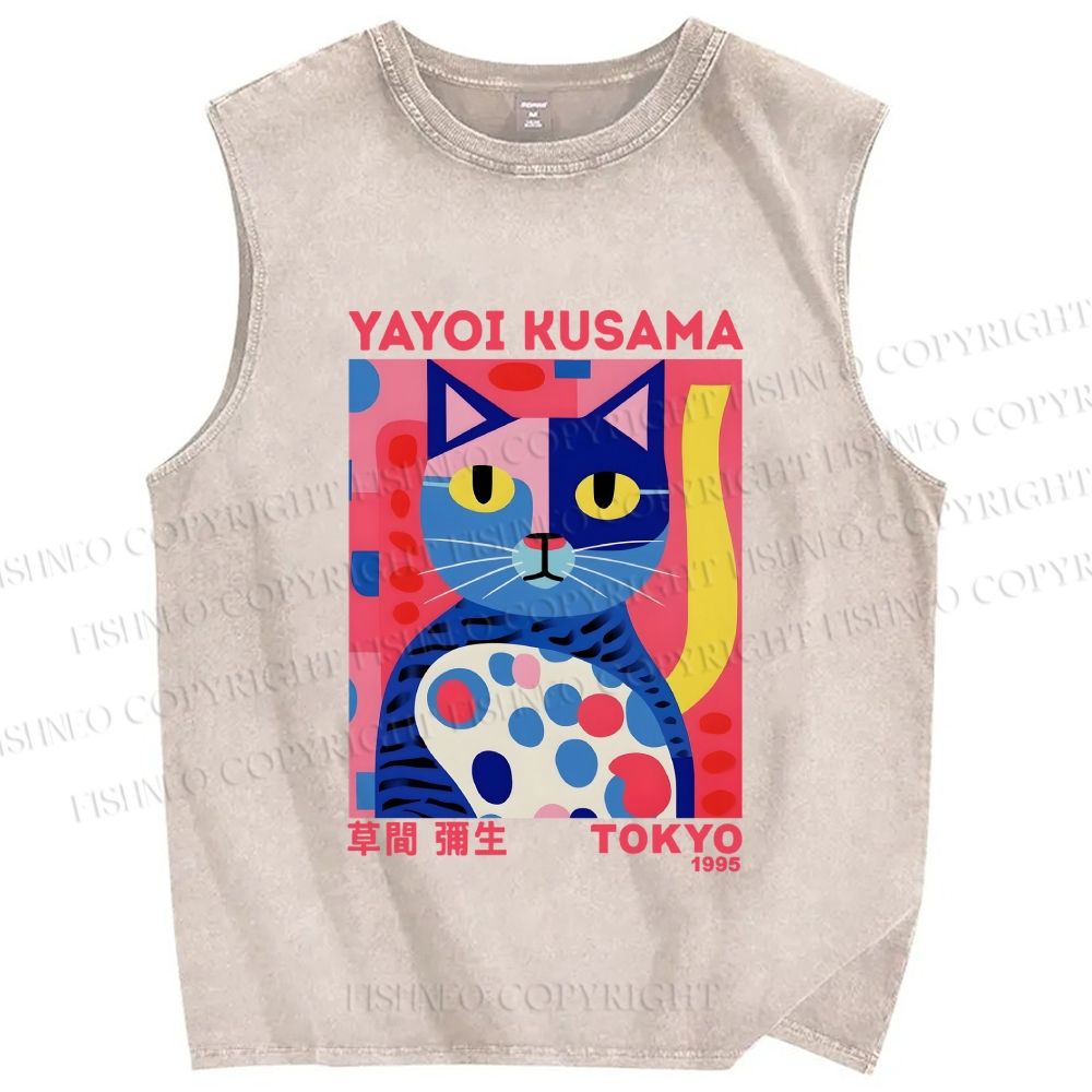 Unisex Yayoi Kusama Art Cat Printed Washed Tank Top