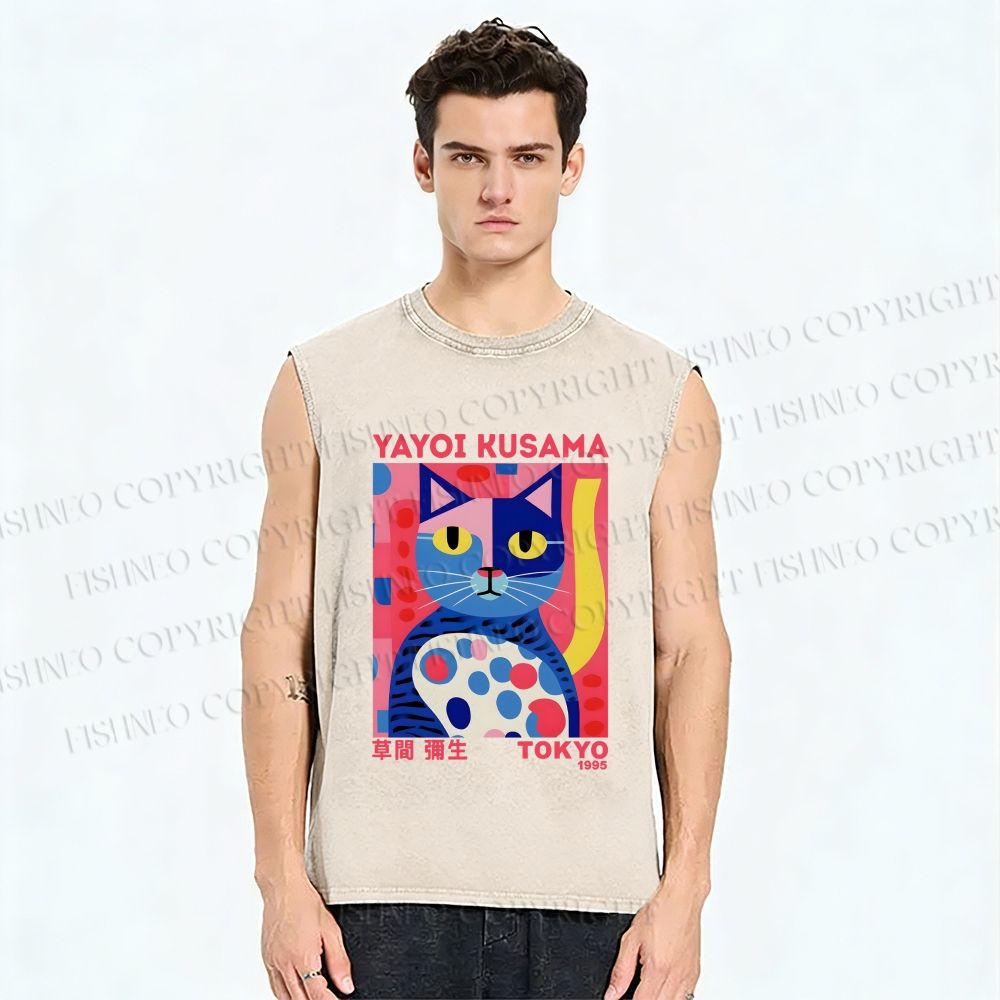 Unisex Yayoi Kusama Art Cat Printed Washed Tank Top