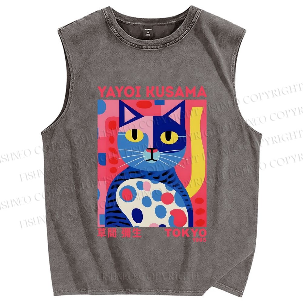 Unisex Yayoi Kusama Art Cat Printed Washed Tank Top