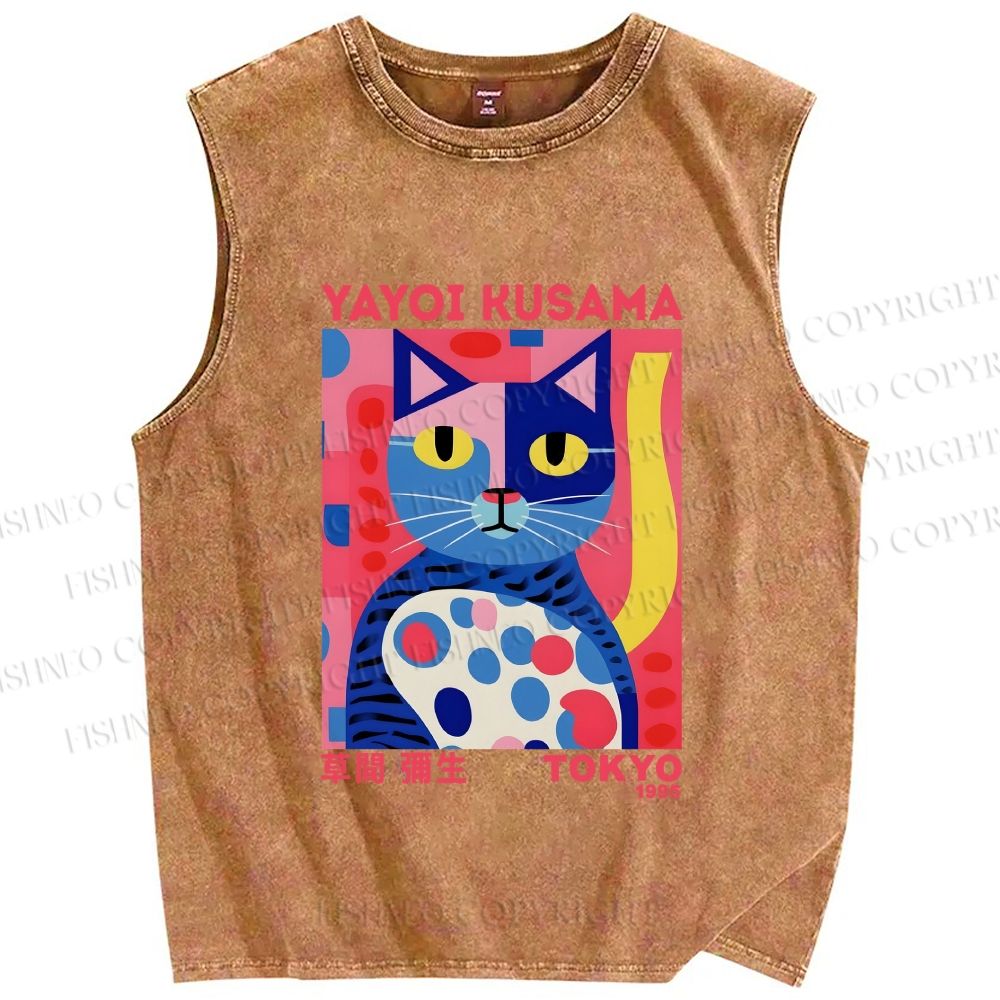 Unisex Yayoi Kusama Art Cat Printed Washed Tank Top
