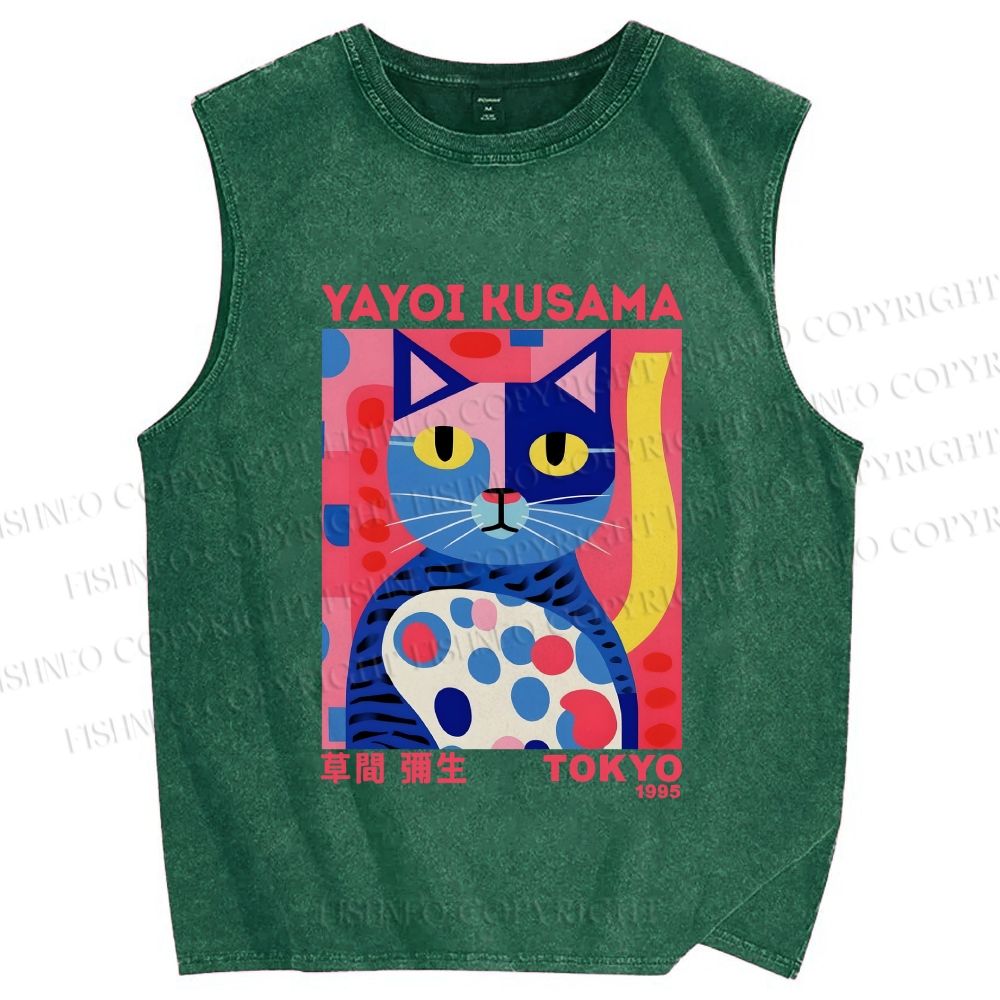 Unisex Yayoi Kusama Art Cat Printed Washed Tank Top