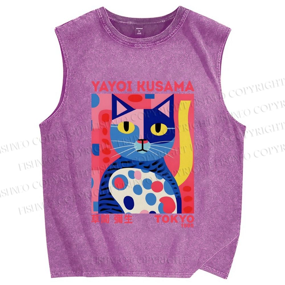 Unisex Yayoi Kusama Art Cat Printed Washed Tank Top