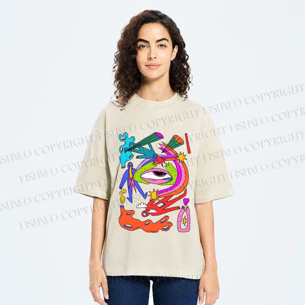 Unisex Multicolor Eye Graffiti Printed Washed Tee