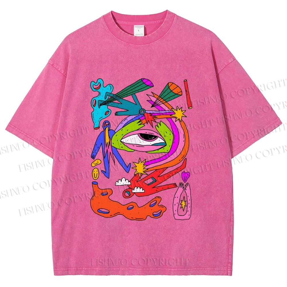 Unisex Multicolor Eye Graffiti Printed Washed Tee