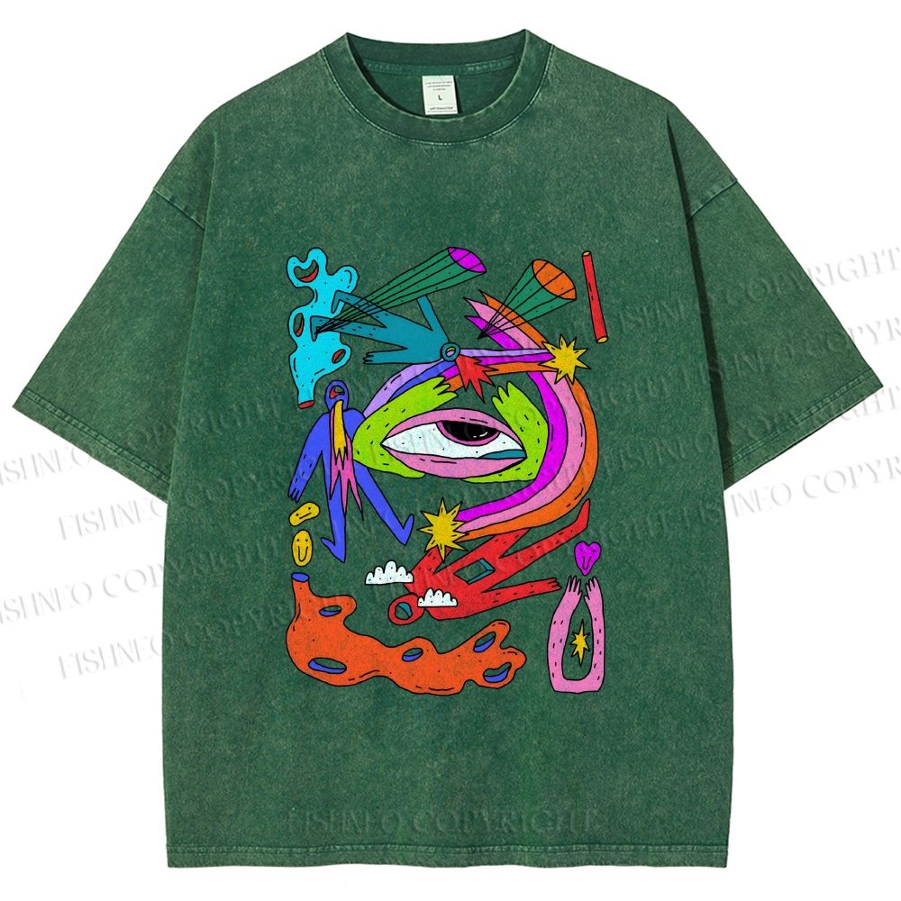 Unisex Multicolor Eye Graffiti Printed Washed Tee