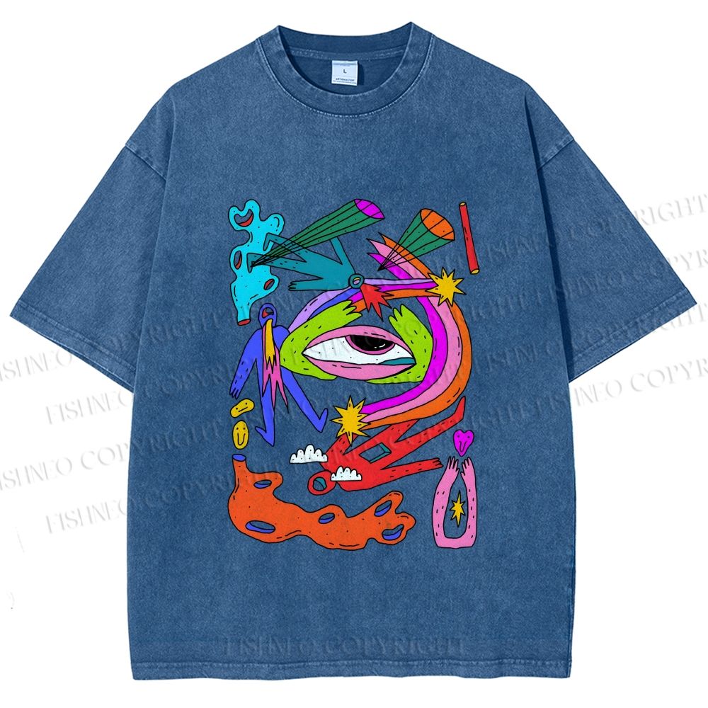 Unisex Multicolor Eye Graffiti Printed Washed Tee
