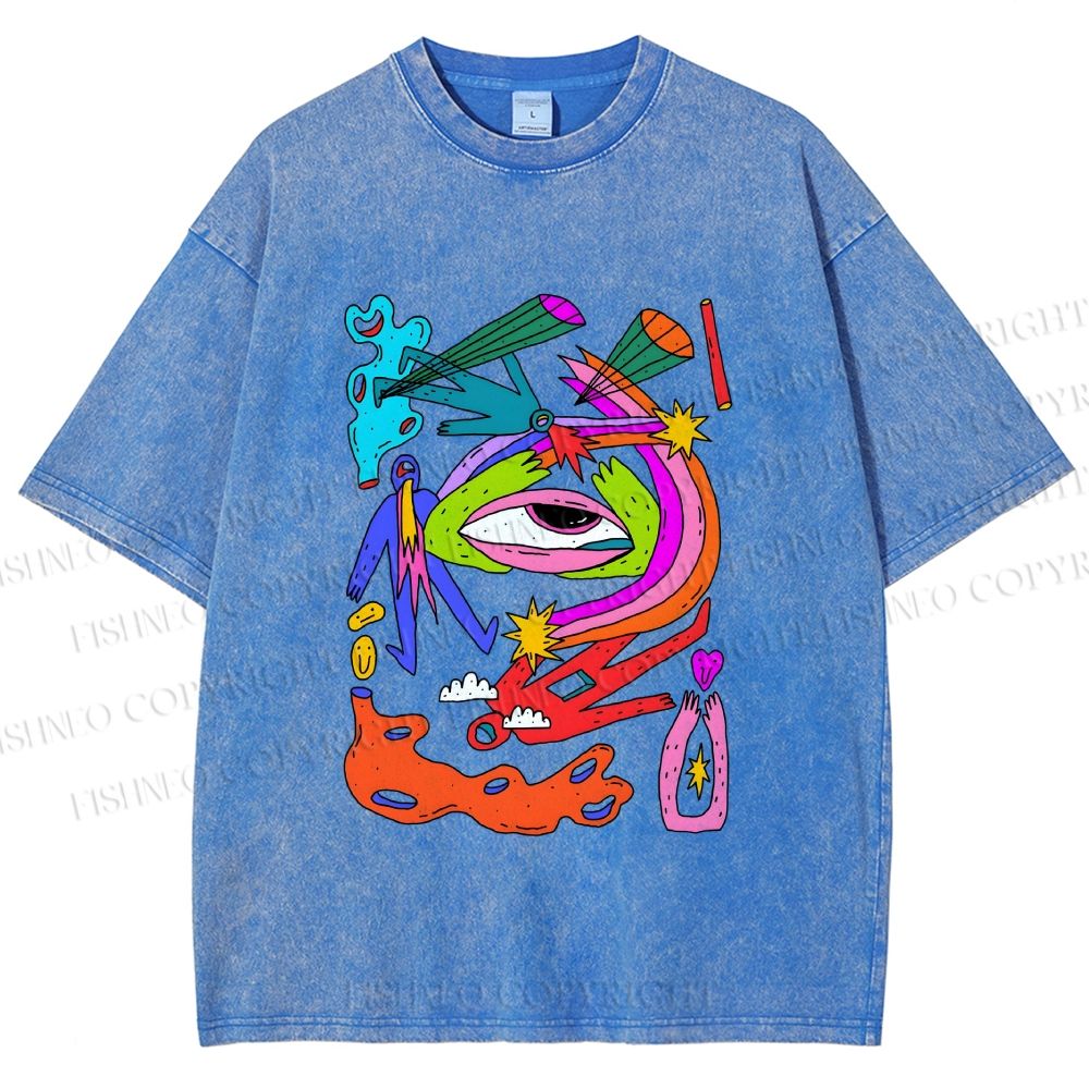 Unisex Multicolor Eye Graffiti Printed Washed Tee