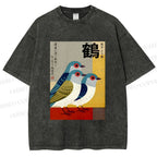 Unisex Japanese Crane Printed Washed Tee