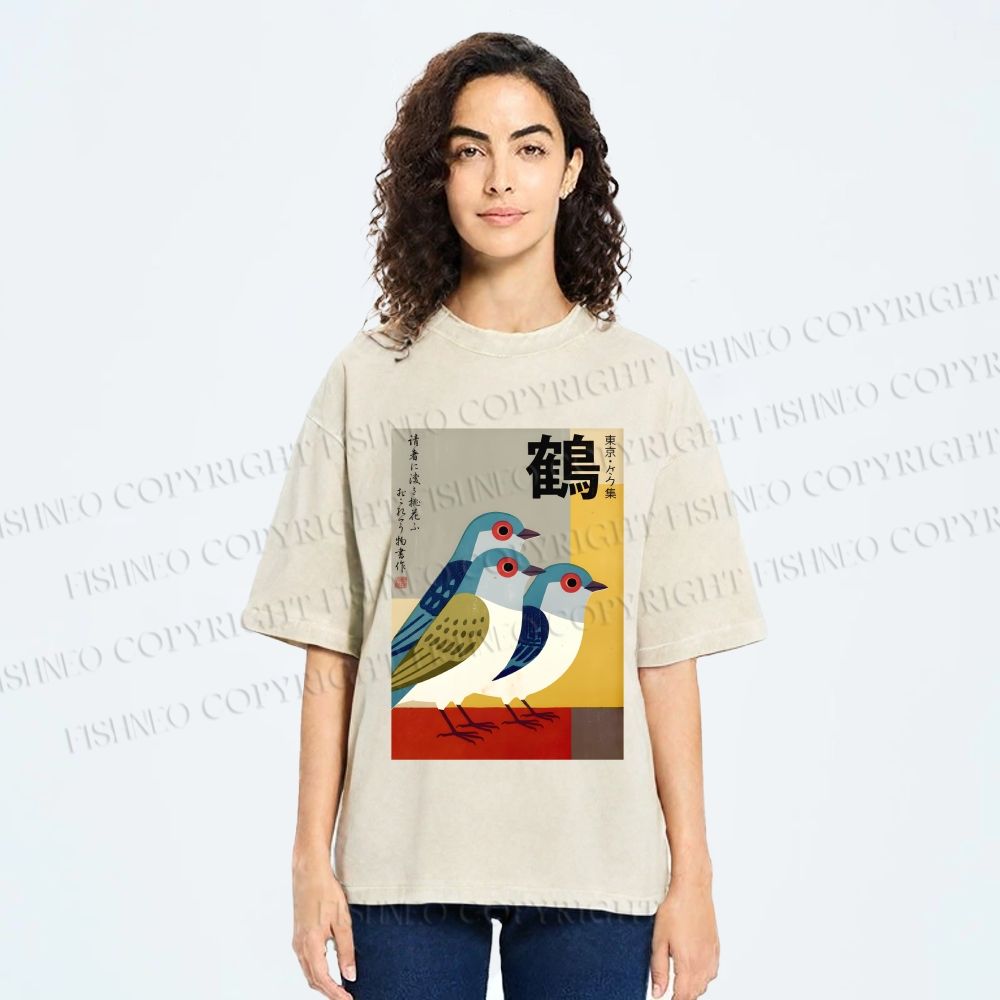 Unisex Japanese Crane Printed Washed Tee