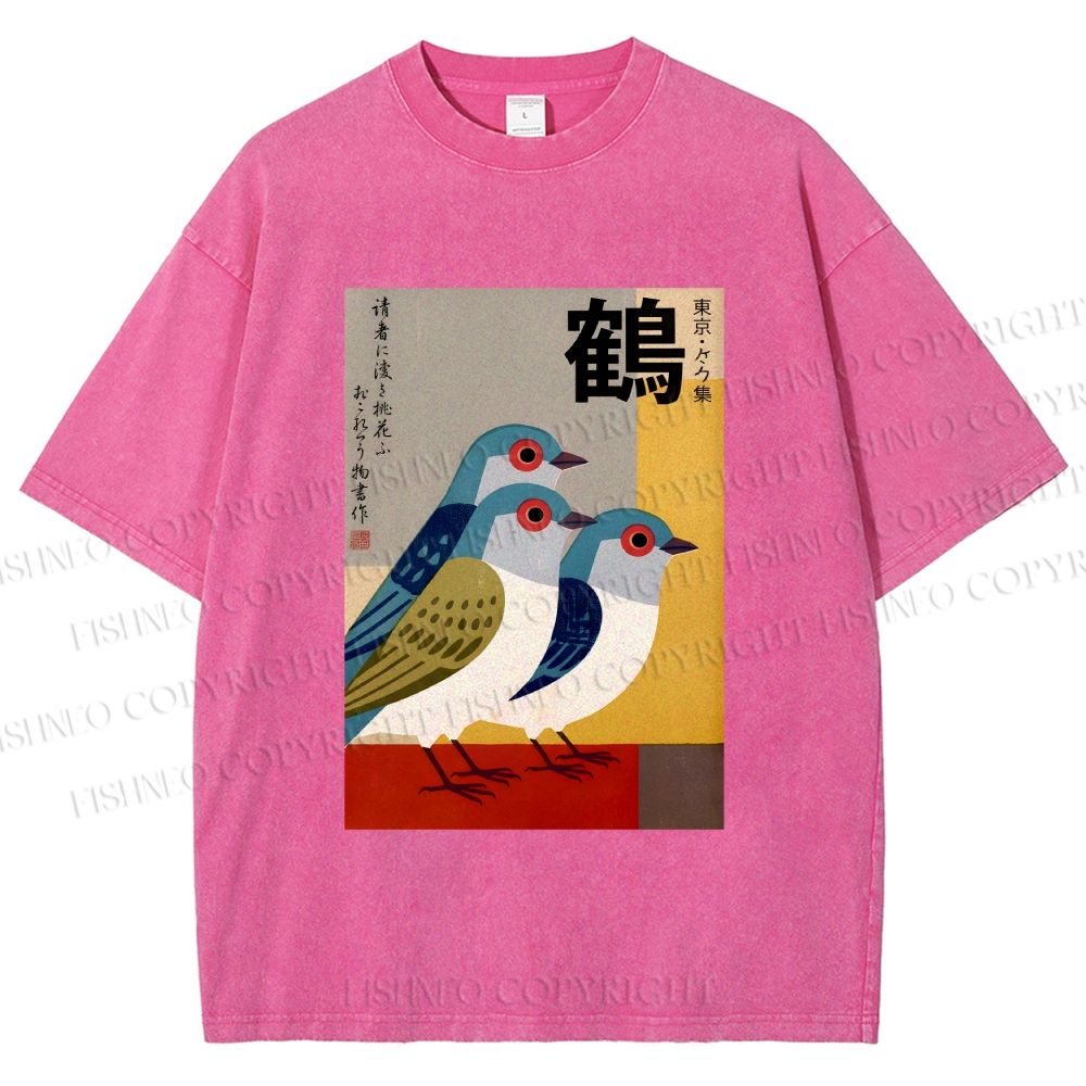 Unisex Japanese Crane Printed Washed Tee