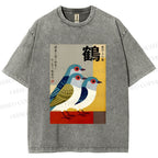 Unisex Japanese Crane Printed Washed Tee