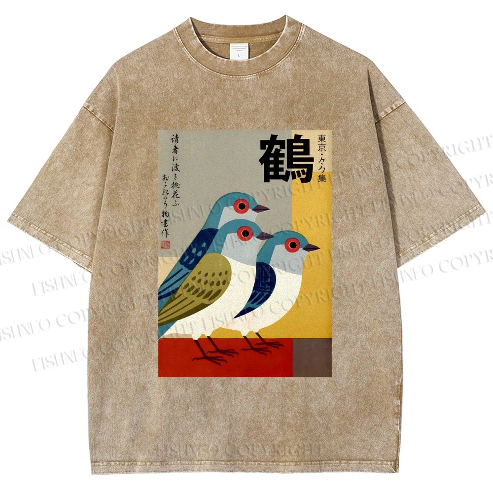 Unisex Japanese Crane Printed Washed Tee