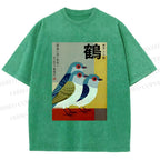 Unisex Japanese Crane Printed Washed Tee