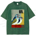 Unisex Japanese Crane Printed Washed Tee