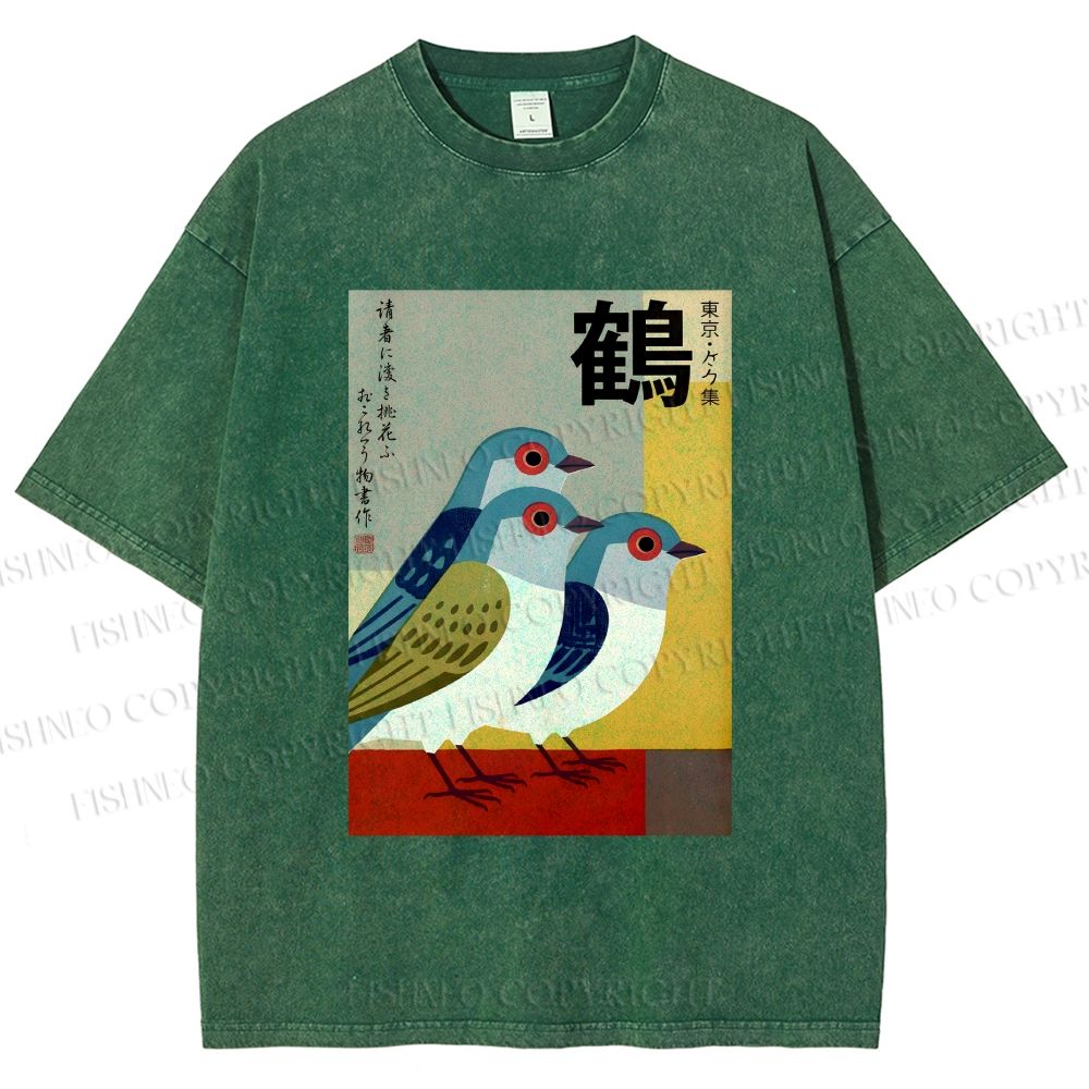 Unisex Japanese Crane Printed Washed Tee