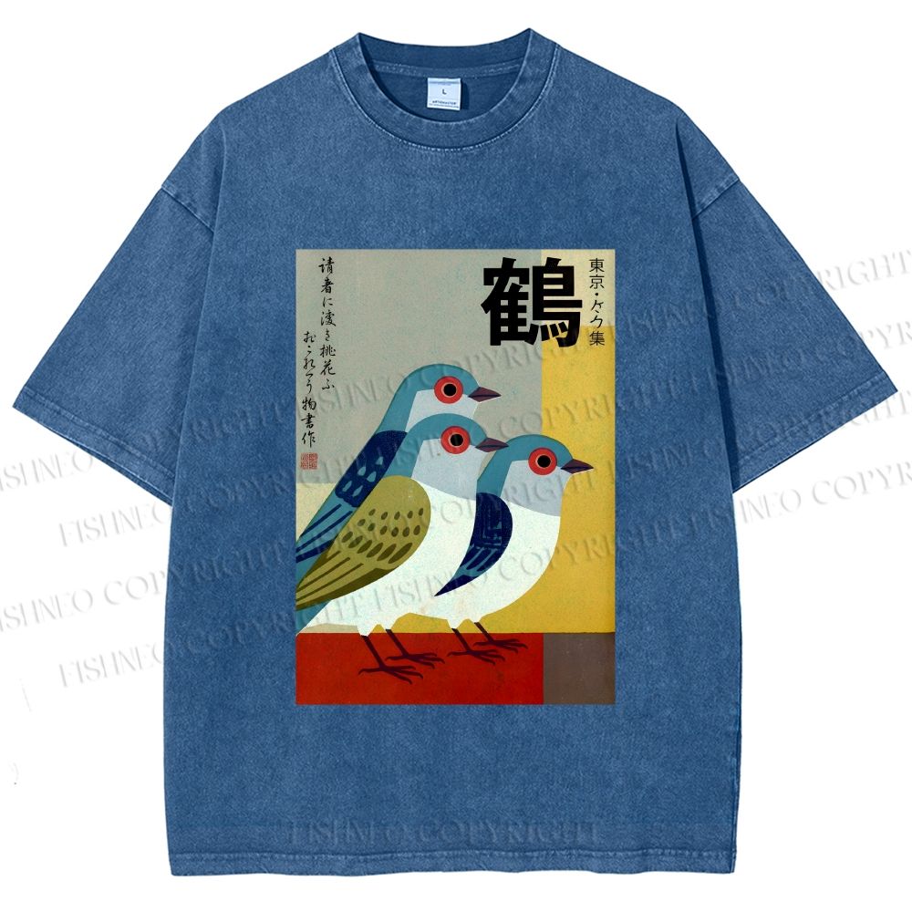Unisex Japanese Crane Printed Washed Tee