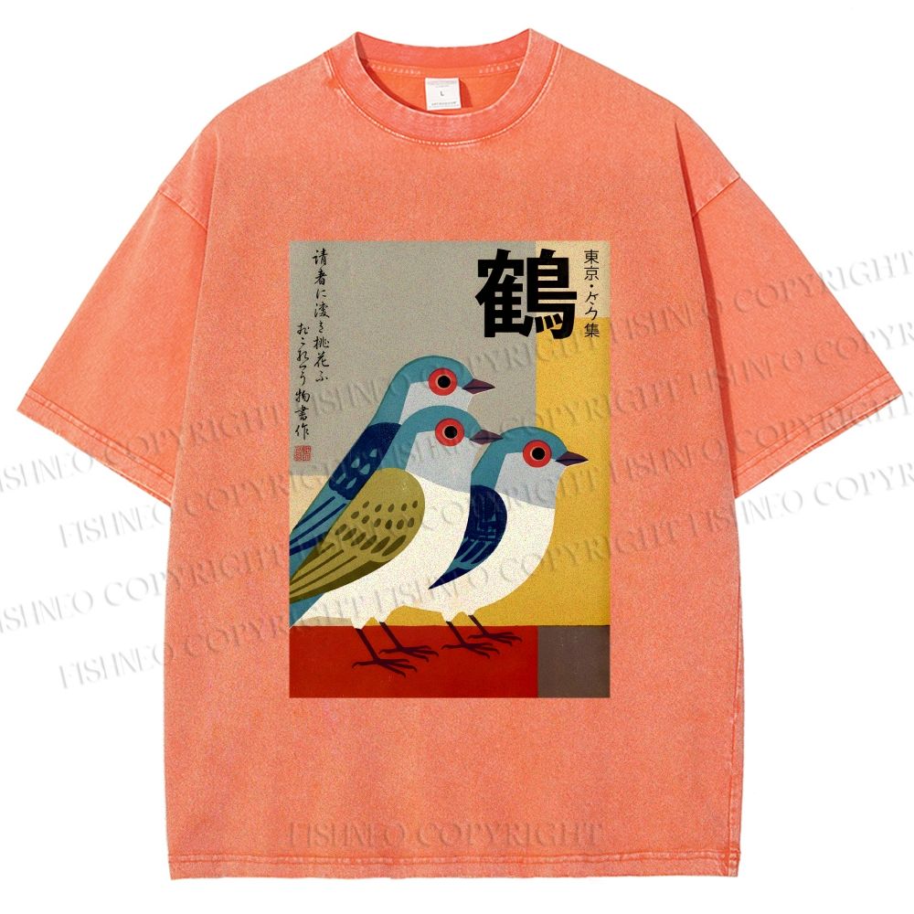 Unisex Japanese Crane Printed Washed Tee