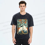 Unisex Vintage Cats Printed Washed Tee