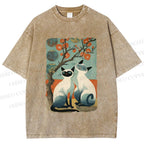Unisex Vintage Cats Printed Washed Tee