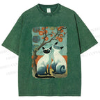 Unisex Vintage Cats Printed Washed Tee