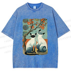 Unisex Vintage Cats Printed Washed Tee
