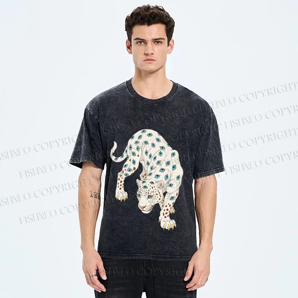 Unisex White Panther With Eyes Printed Washed Tee