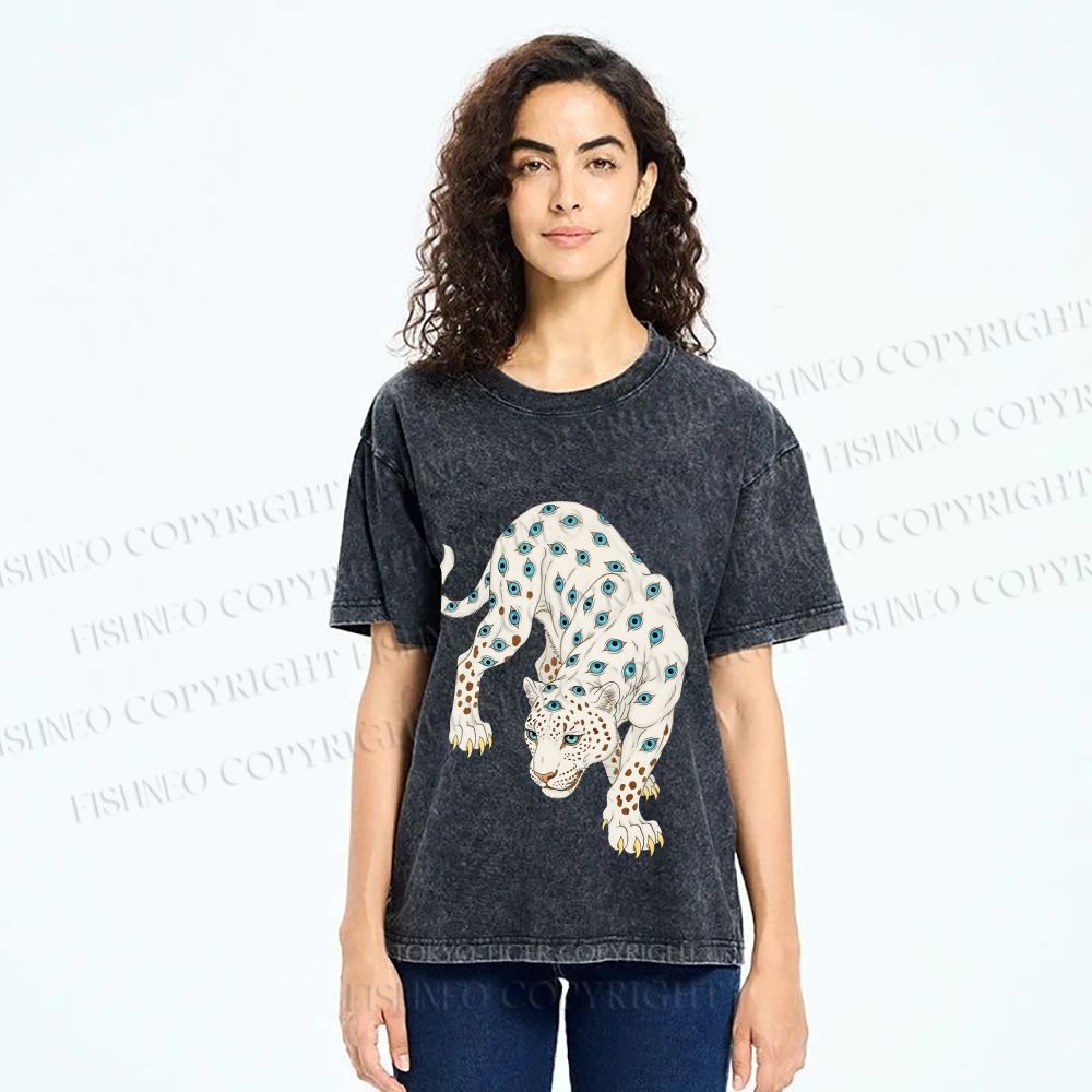 Unisex White Panther With Eyes Printed Washed Tee