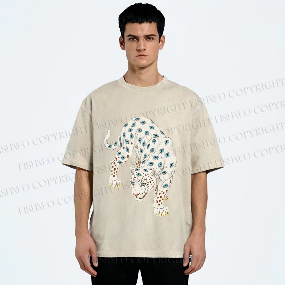 Unisex White Panther With Eyes Printed Washed Tee