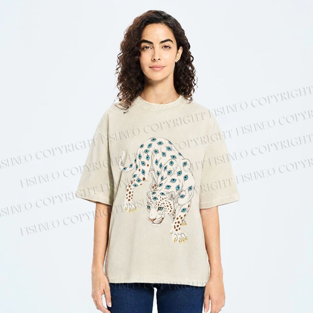 Unisex White Panther With Eyes Printed Washed Tee
