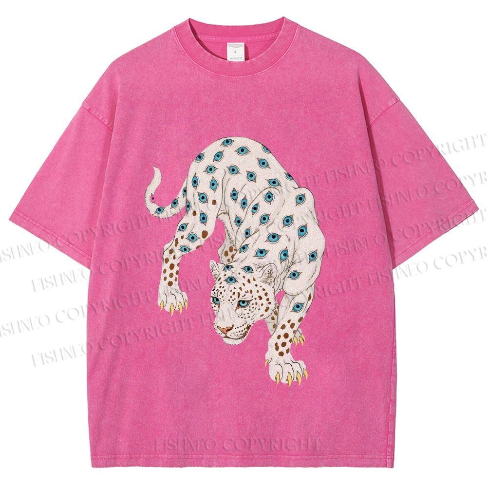 Unisex White Panther With Eyes Printed Washed Tee