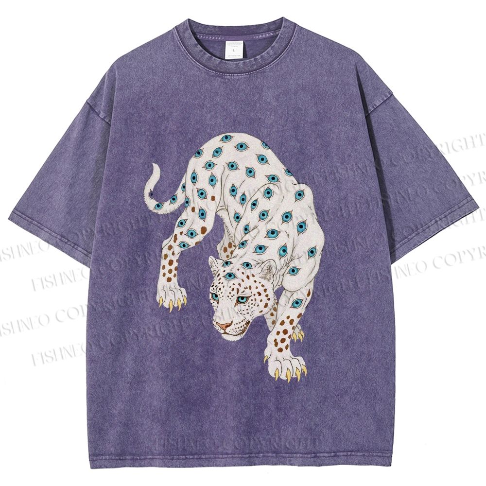 Unisex White Panther With Eyes Printed Washed Tee