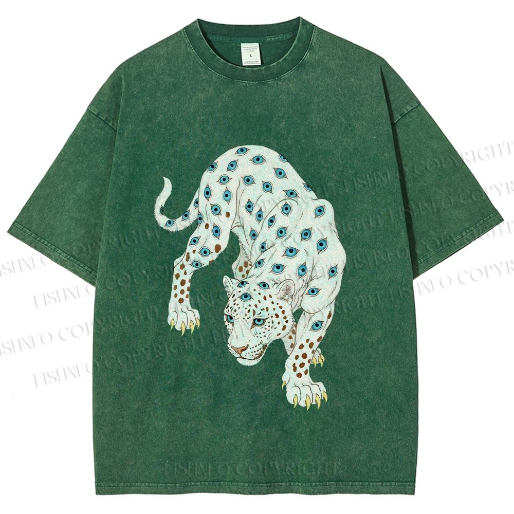 Unisex White Panther With Eyes Printed Washed Tee