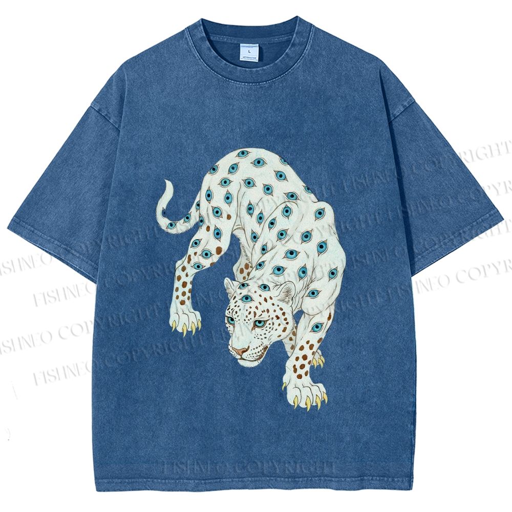 Unisex White Panther With Eyes Printed Washed Tee