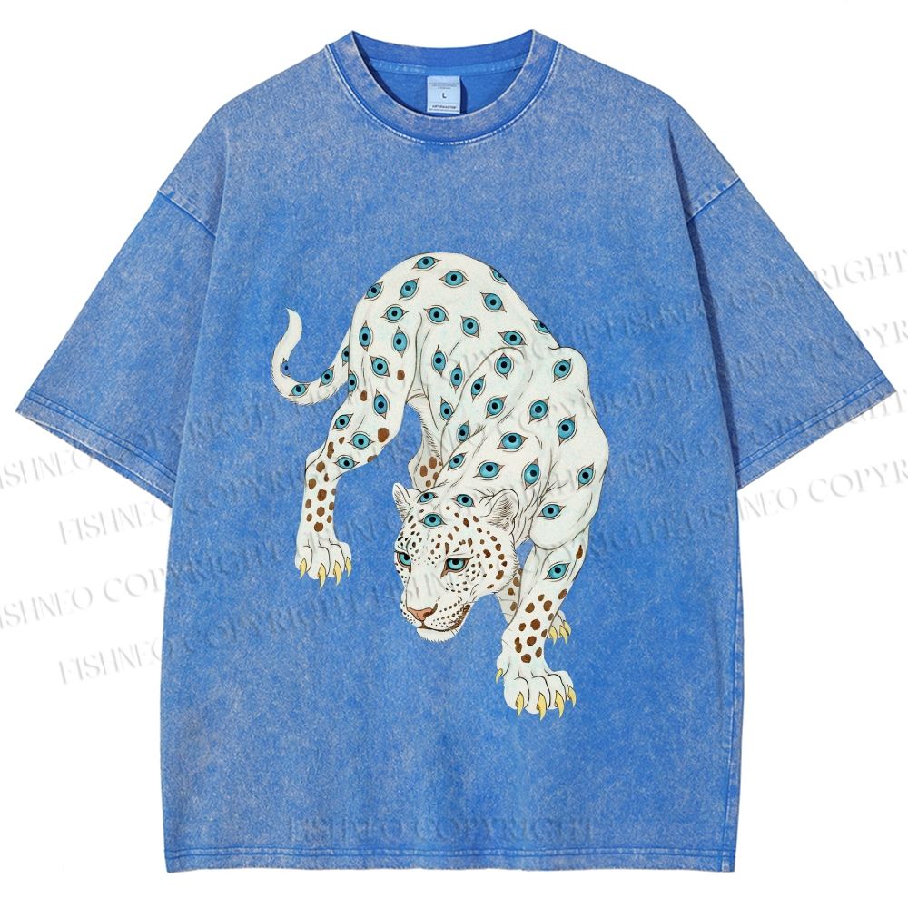 Unisex White Panther With Eyes Printed Washed Tee