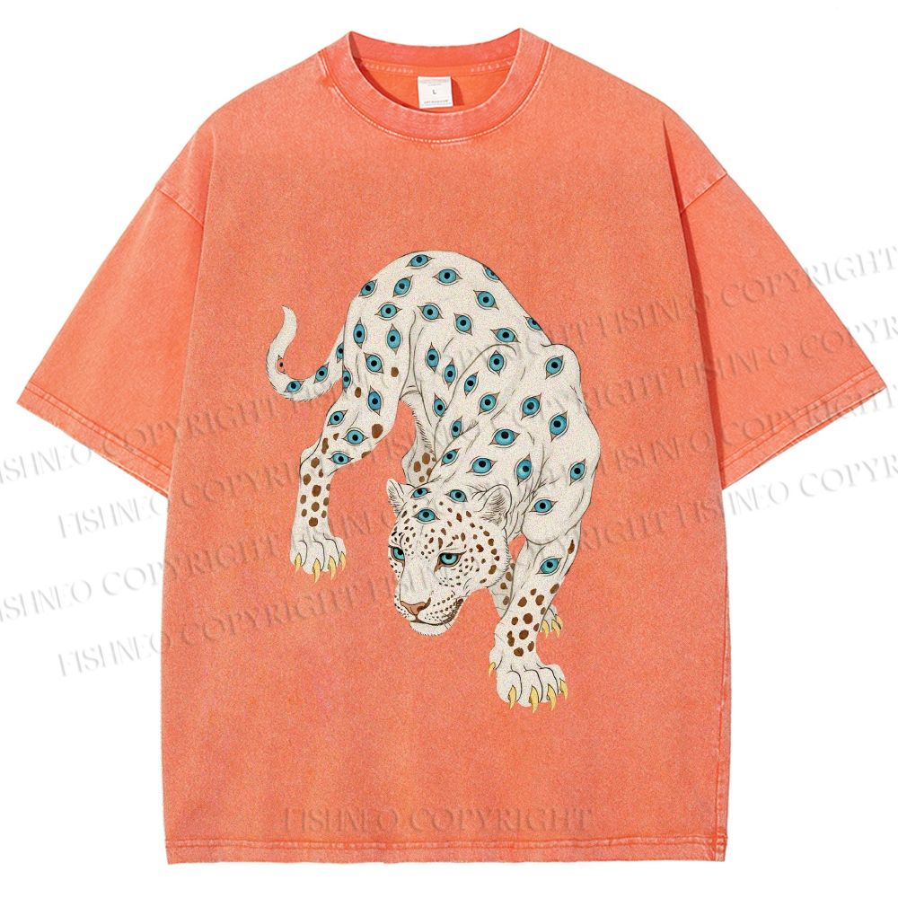 Unisex White Panther With Eyes Printed Washed Tee