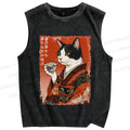 Unisex Vintage Ukiyo-e Tea Cat Printed Washed Tank Top