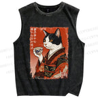Unisex Vintage Ukiyo-e Tea Cat Printed Washed Tank Top