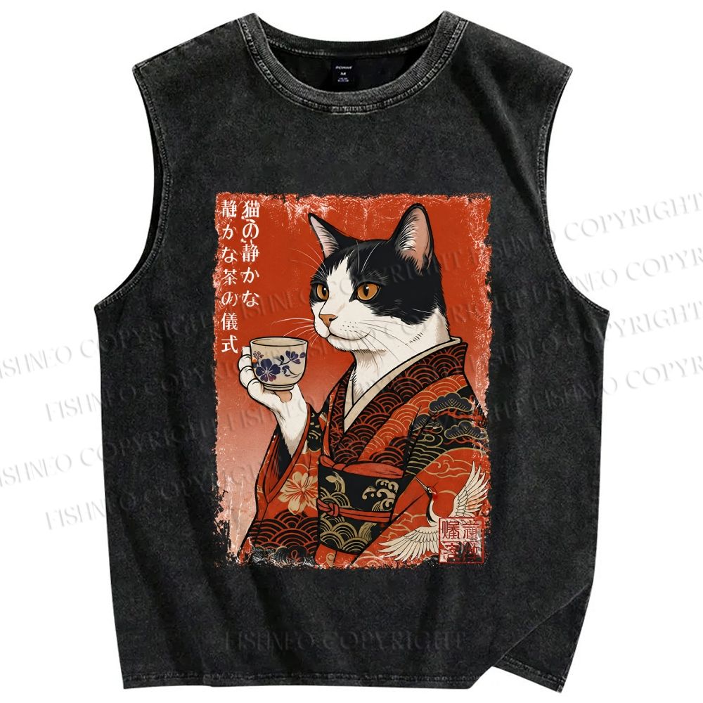 Unisex Vintage Ukiyo-e Tea Cat Printed Washed Tank Top