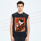 Unisex Vintage Ukiyo-e Tea Cat Printed Washed Tank Top