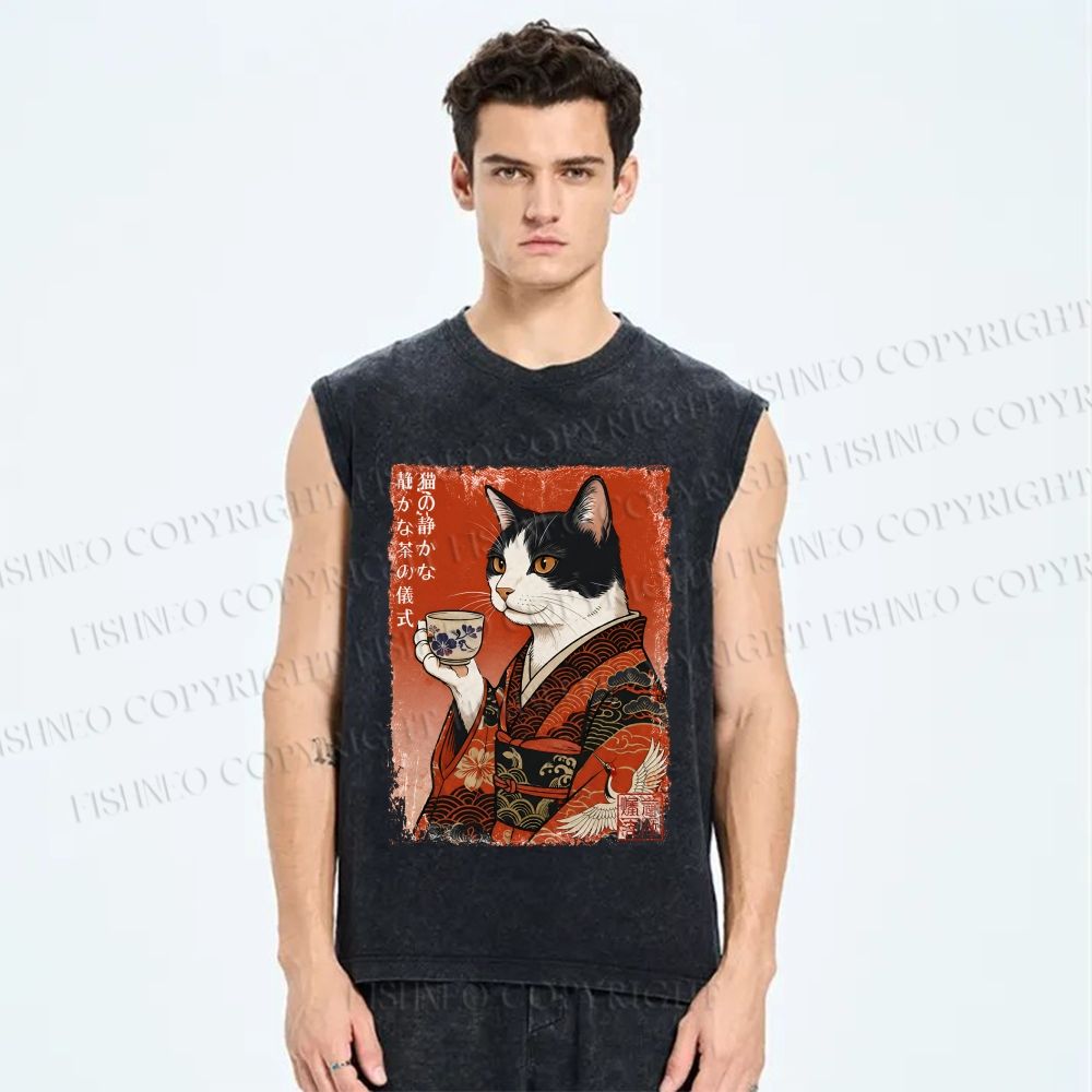 Unisex Vintage Ukiyo-e Tea Cat Printed Washed Tank Top