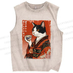 Unisex Vintage Ukiyo-e Tea Cat Printed Washed Tank Top