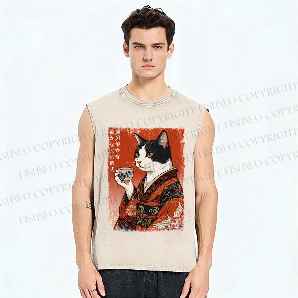 Unisex Vintage Ukiyo-e Tea Cat Printed Washed Tank Top